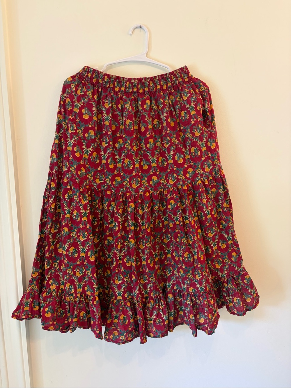 Boho Tiered Floral A-Line Midi Skirt in Burgundy